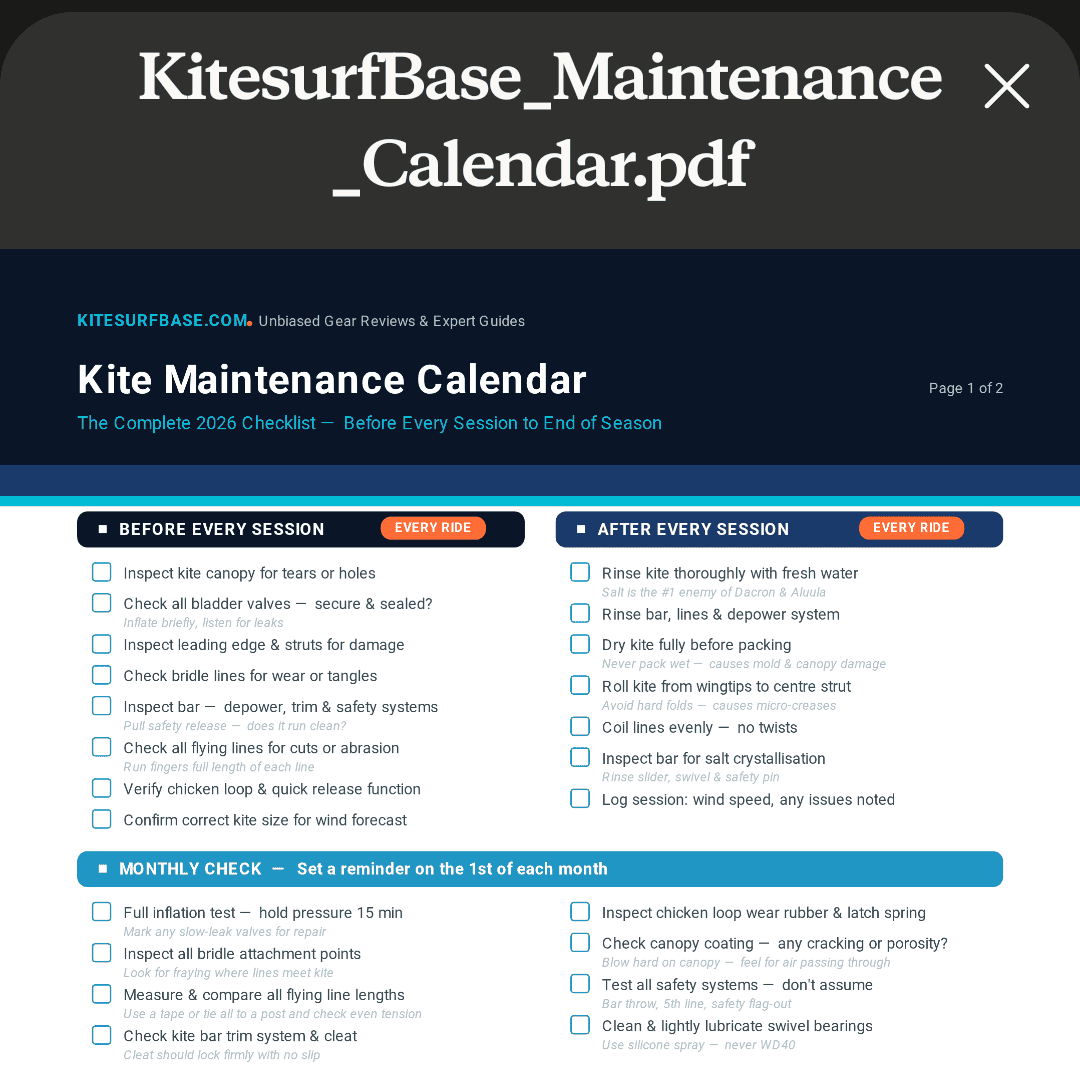KitesurfBase kite maintenance calendar printable PDF checklist