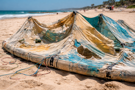 kitesurfing gear mistakes showing sun damaged kite laid out on beach