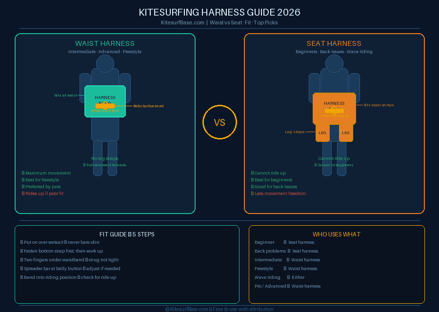 kitesurfing harness guide showing waist harness vs seat harness comparison fit guide and who each is for