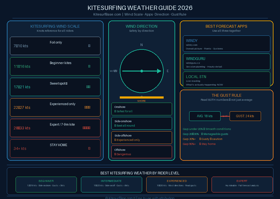 kitesurfing weather guide showing wind speed in knots wind direction forecast apps and gust rule