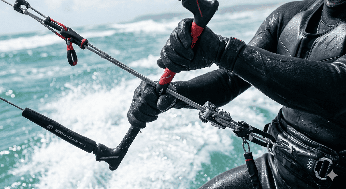 how to depower a kite showing rider pulling depower strap on kitesurfing bar